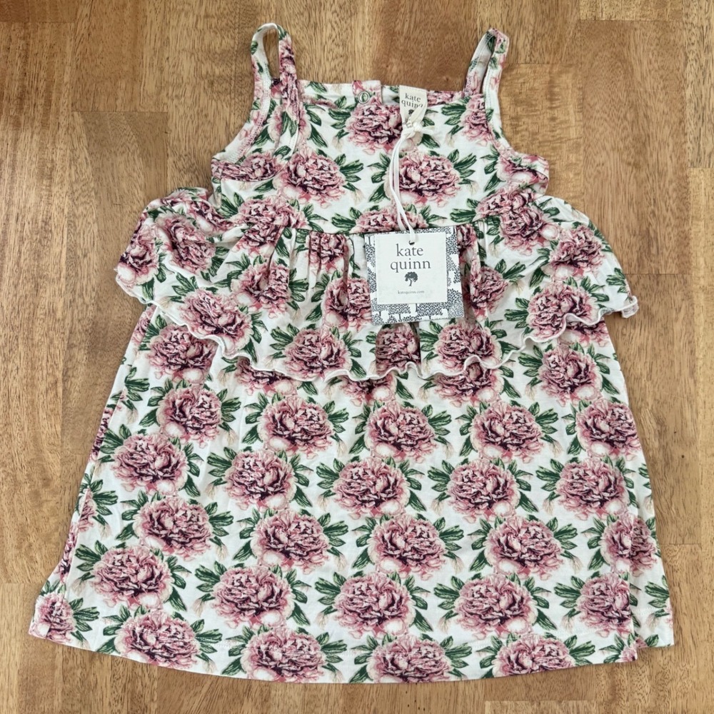 Kate Quinn Peony Floral Bamboo Ruffle Dress Pink Cream 12-18M Kids Sleeveless - Picture 1 of 2